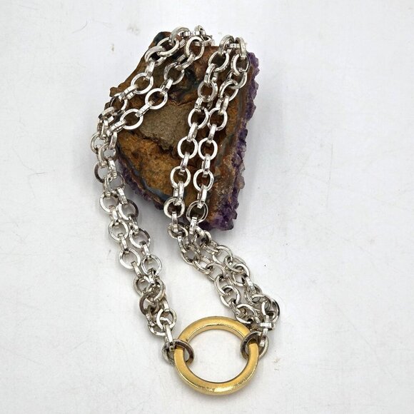 Napier Multi Tone Heavy Link Double Chain 16" Necklace w/ Gold Circle Pendant - Picture 5 of 7